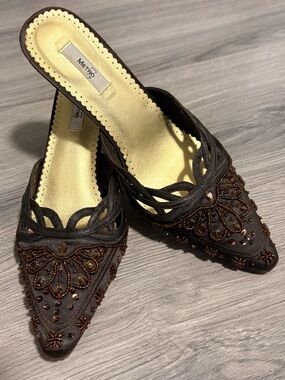 Metro 7 "Gypsy" Beaded Brown Satin Mule Kitten Heel